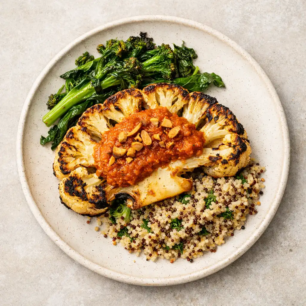 Flame-licked cauliflower steak with smoked almond romesco, charred greens, and quinoa