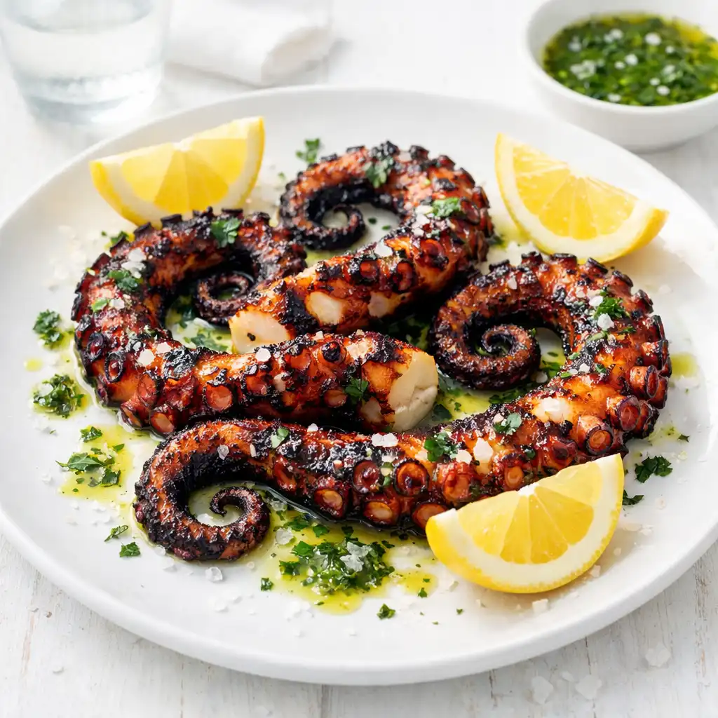 Charred octopus with lemon and herb oil