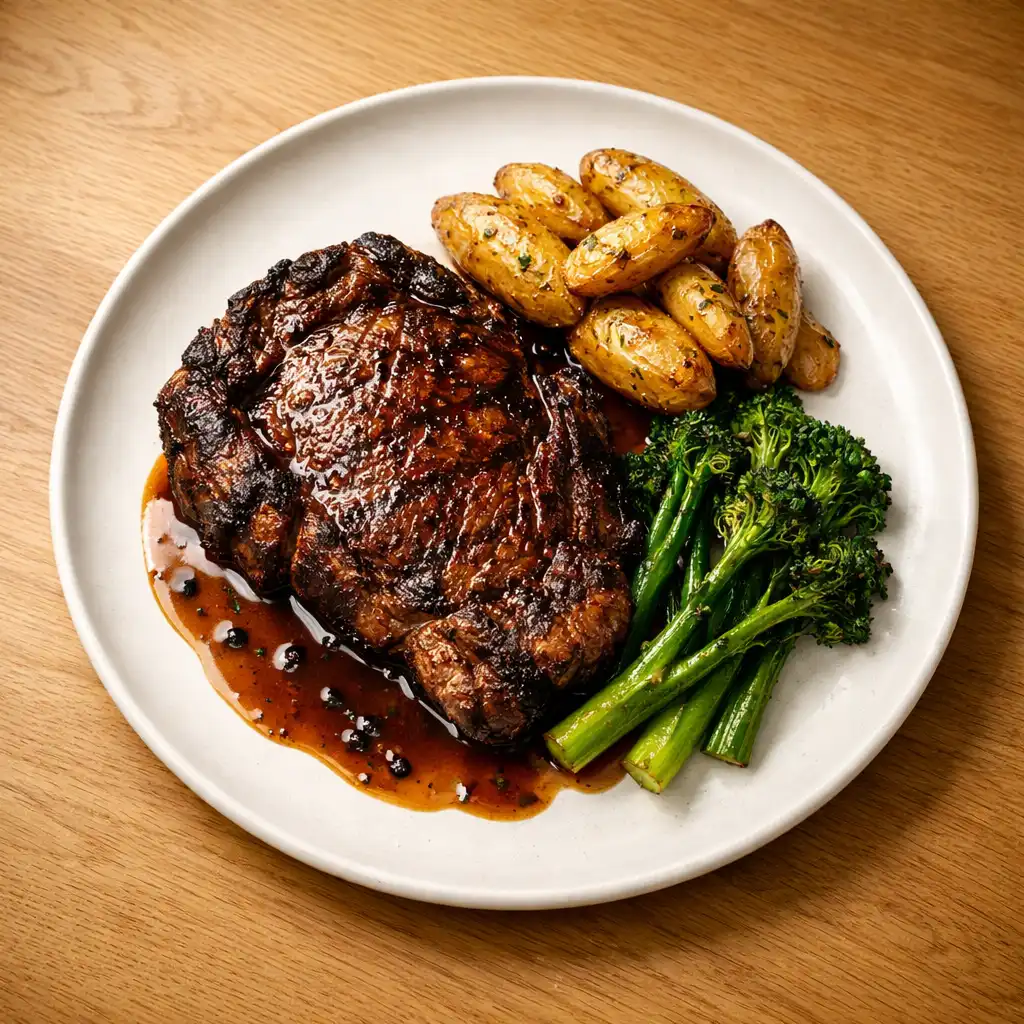 Charred ribeye with native pepper jus, roasted kipfler potatoes, and charred broccolini