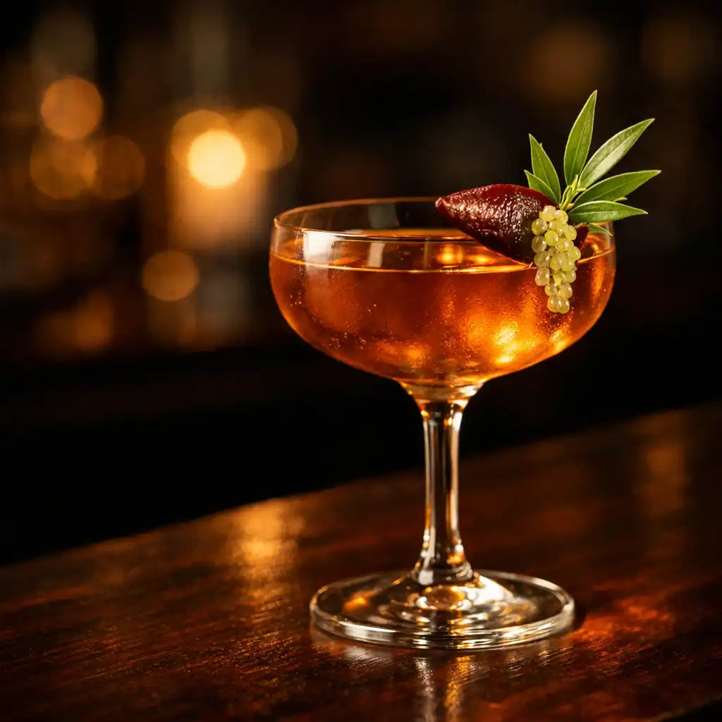 Craft cocktail in a coupe glass with finger lime twist and lemon myrtle garnish