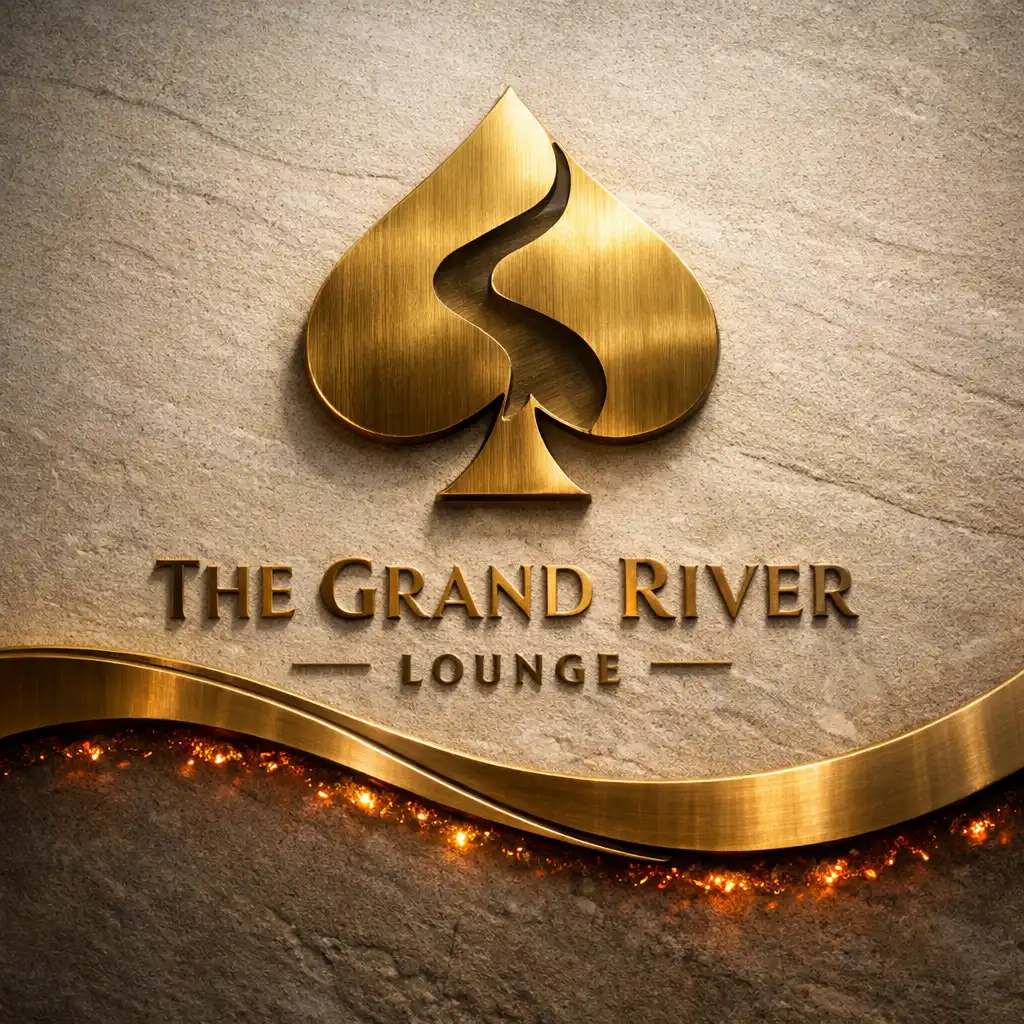 Brushed brass river curve and spade logo with an ember glow mounted on a light stone wall