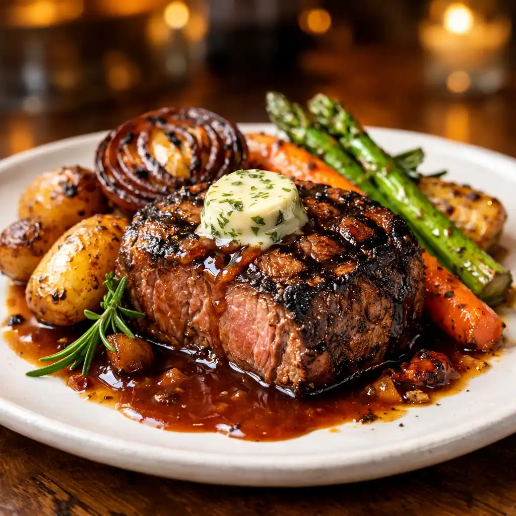 Beautifully plated wood-fired dish with grilled steak and roasted vegetables