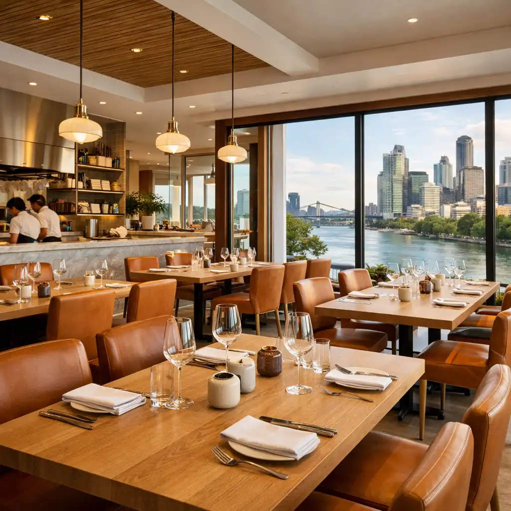 Bright dining room with light oak tables, slate blue chairs, and a river view