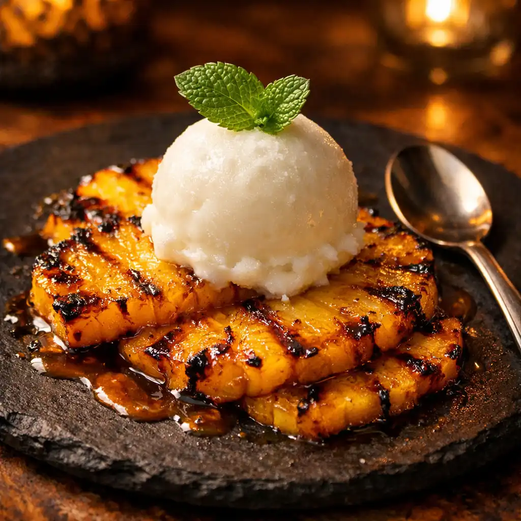 Ember-roasted pineapple with coconut sorbet