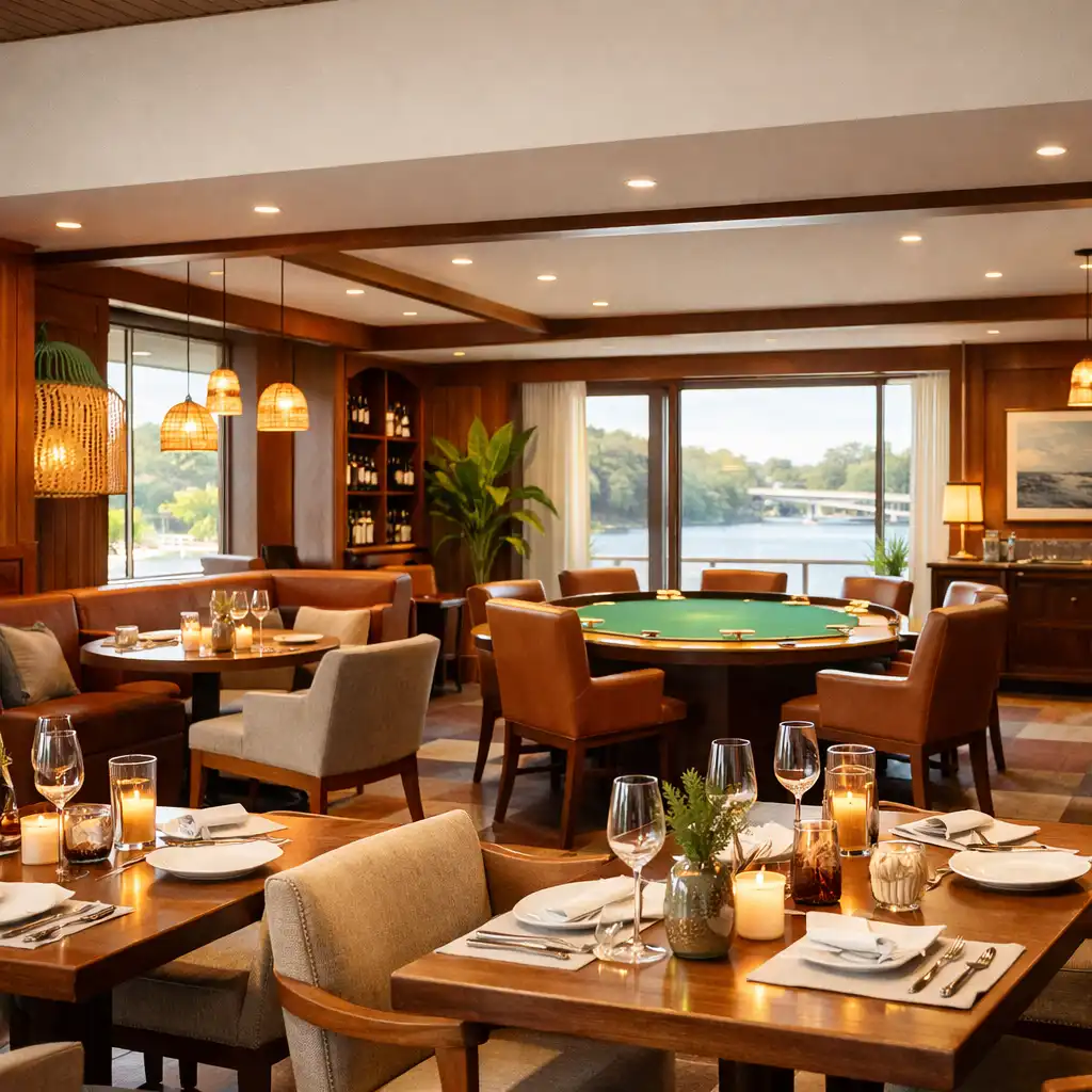 The Grand River Lounge interior with warm wood tones, elegant table settings, and soft ambient lighting
