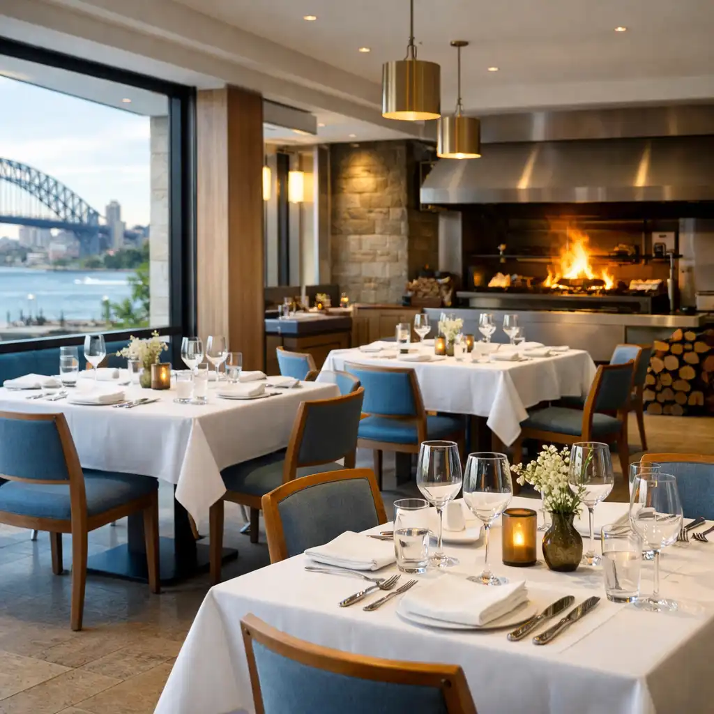 Bright and airy dining area with elegant table settings and riverside views