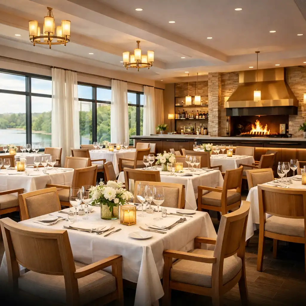 Wide view of The Grand River Lounge dining room with light oak chairs, white linens, and a warm wood-fired grill in the background