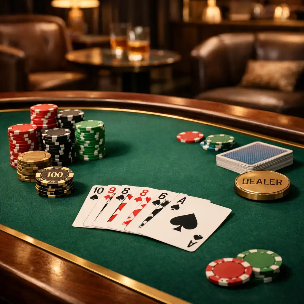 Professional poker table with green felt, social chips, and playing cards