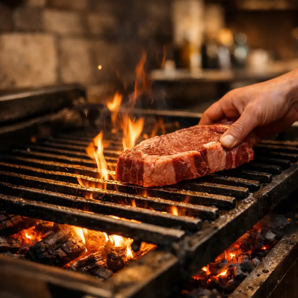 Wood-fired grill in action with flames and a steak being prepared