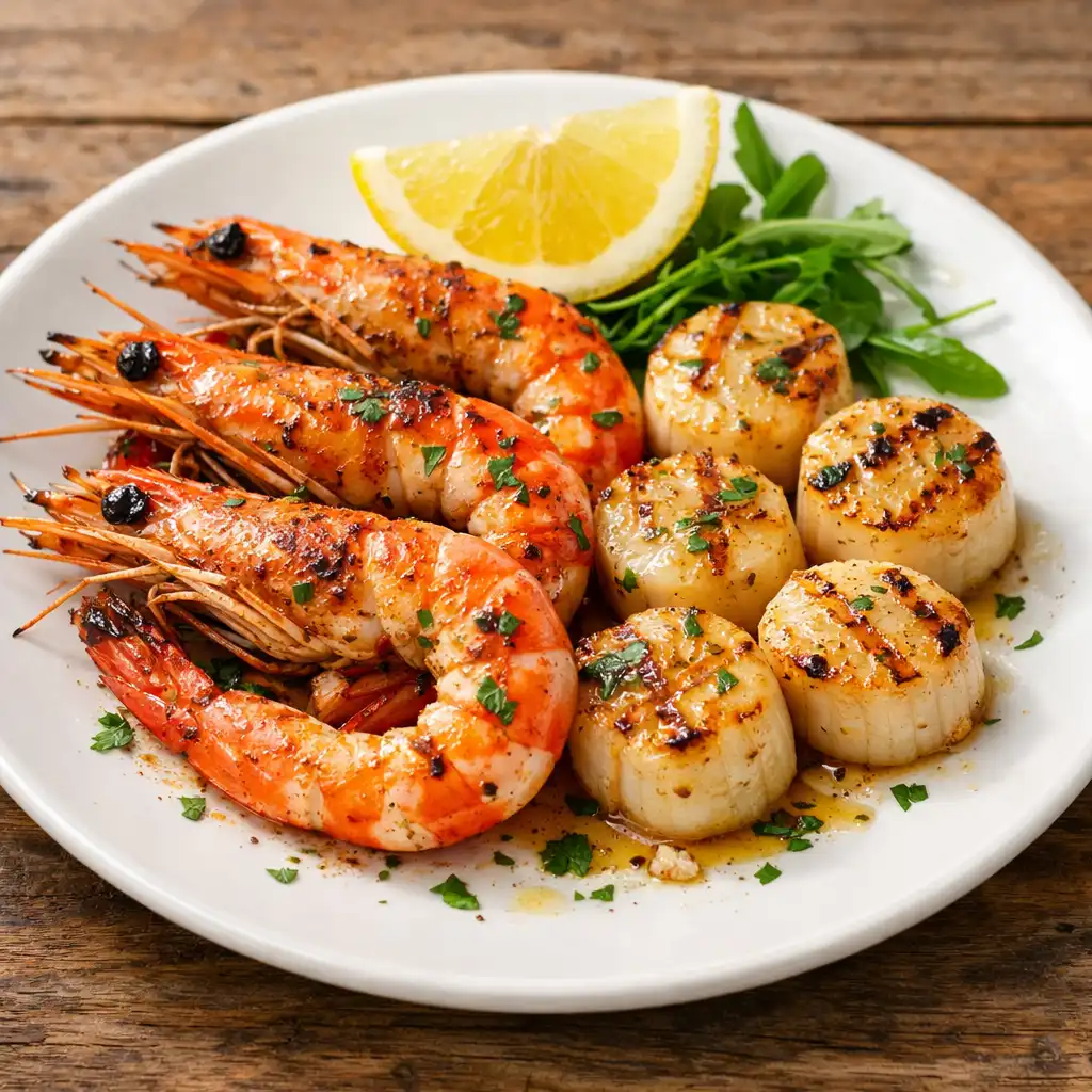 Plate of grilled prawns and scallops with lemon on a rustic wooden table