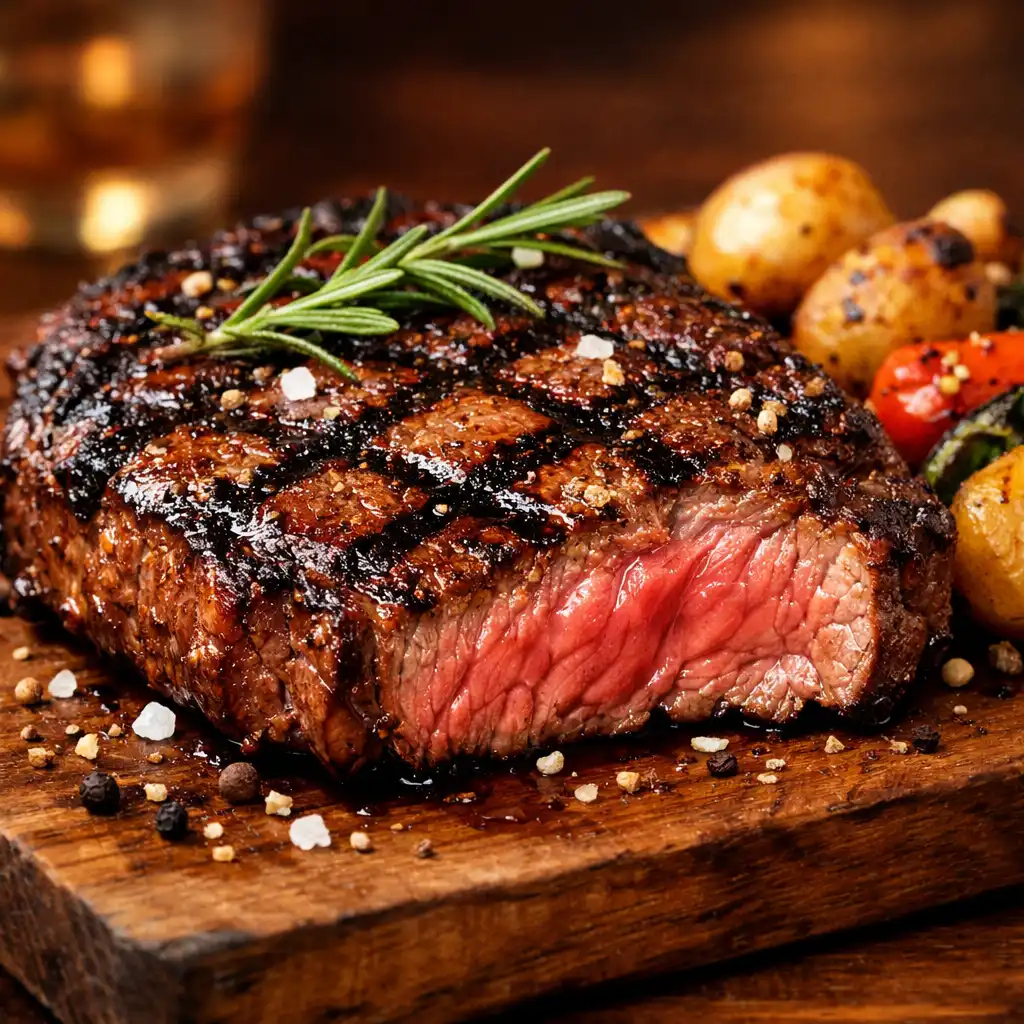 Grilled steak with char marks, rosemary, and roasted vegetables on a wooden board