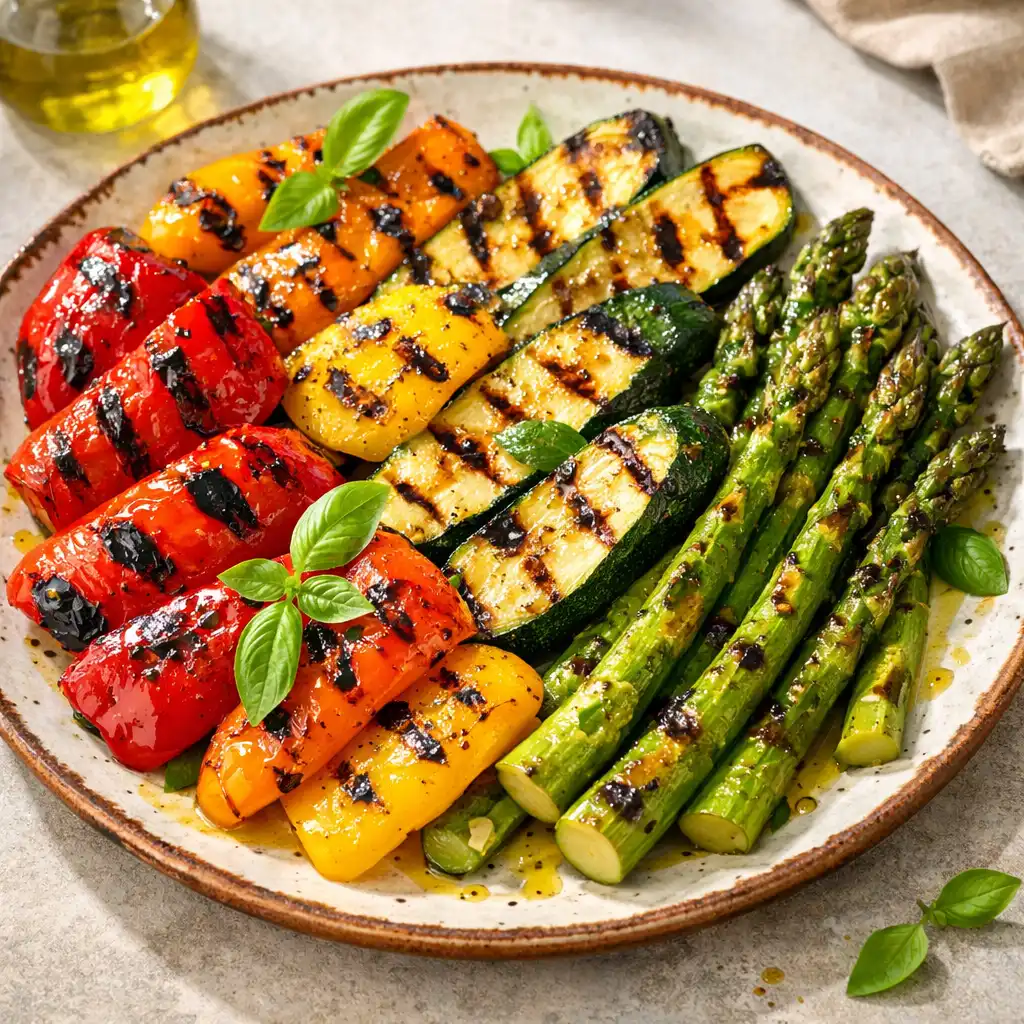 Colourful grilled vegetables including capsicum, zucchini, and asparagus on a ceramic platter