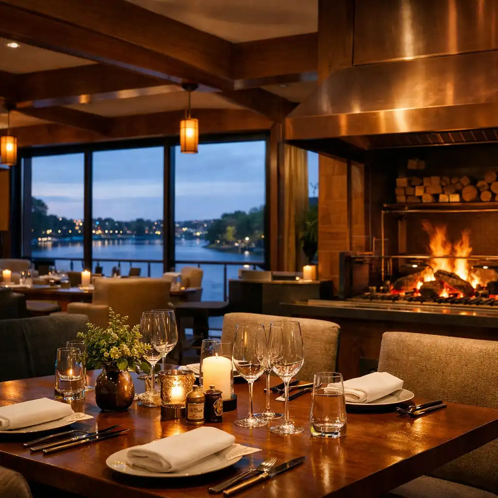 Warm and sophisticated lounge interior with wood-fired grill and river views
