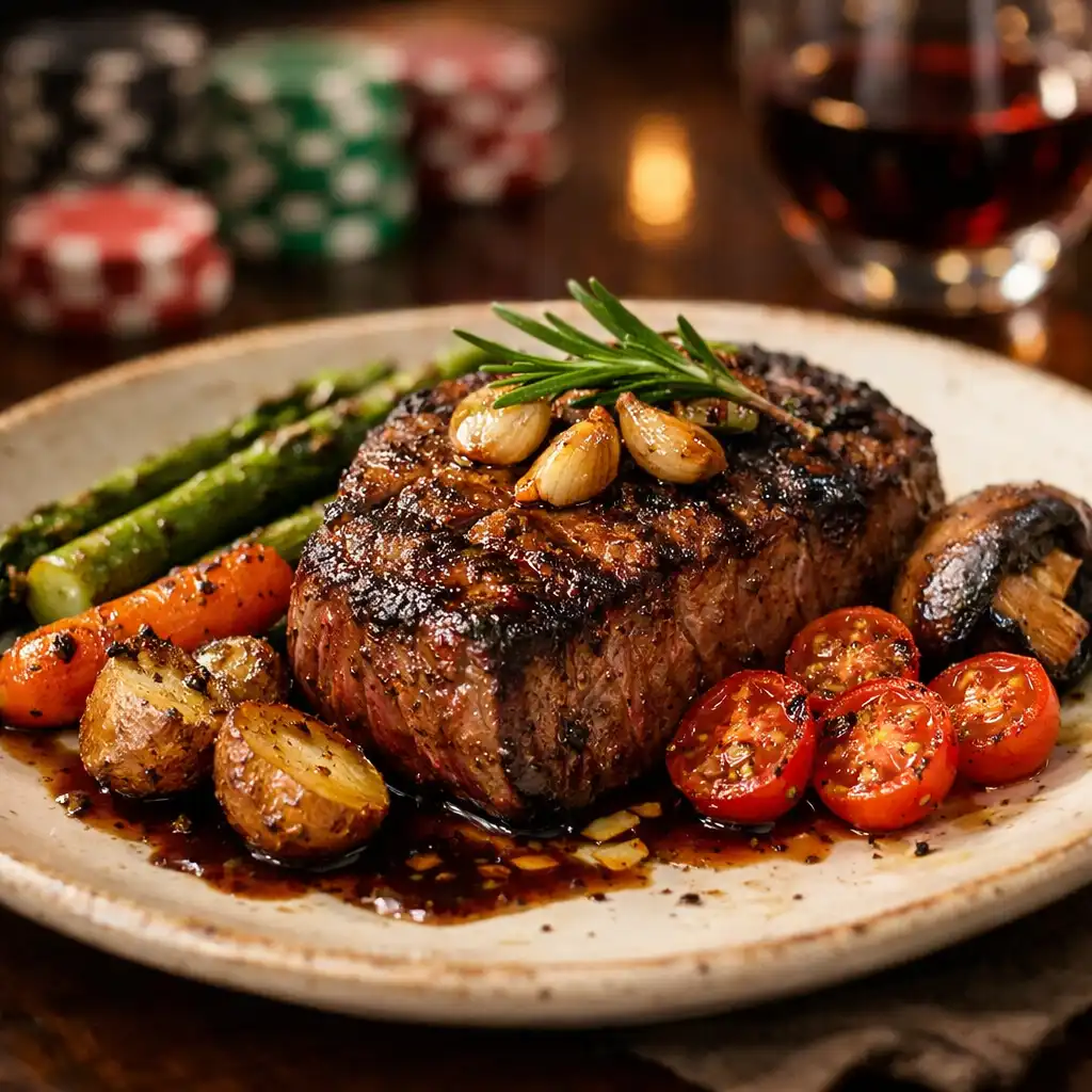 Close-up of a gourmet wood-fired steak dish with roasted vegetables, softly blurred poker table in the background