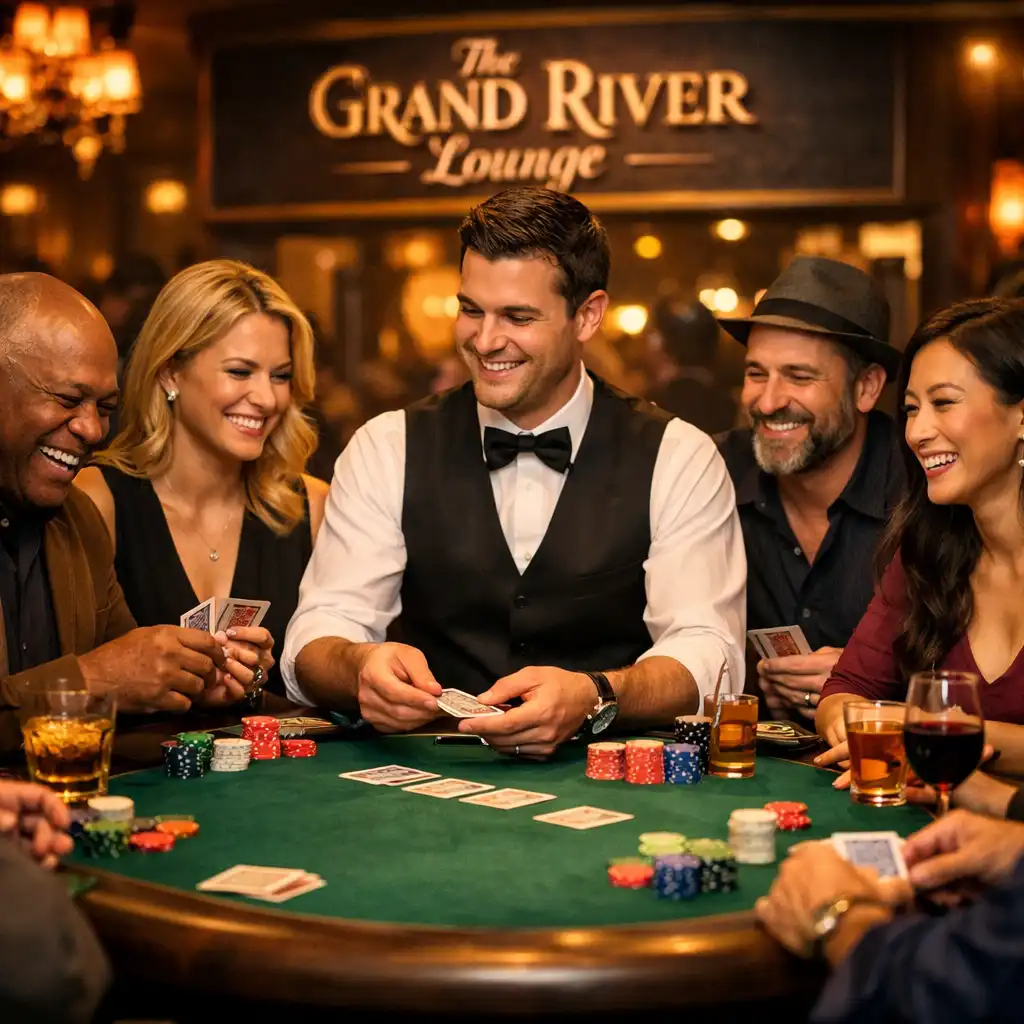 Group of adults enjoying a social poker game with a professional dealer and social chips