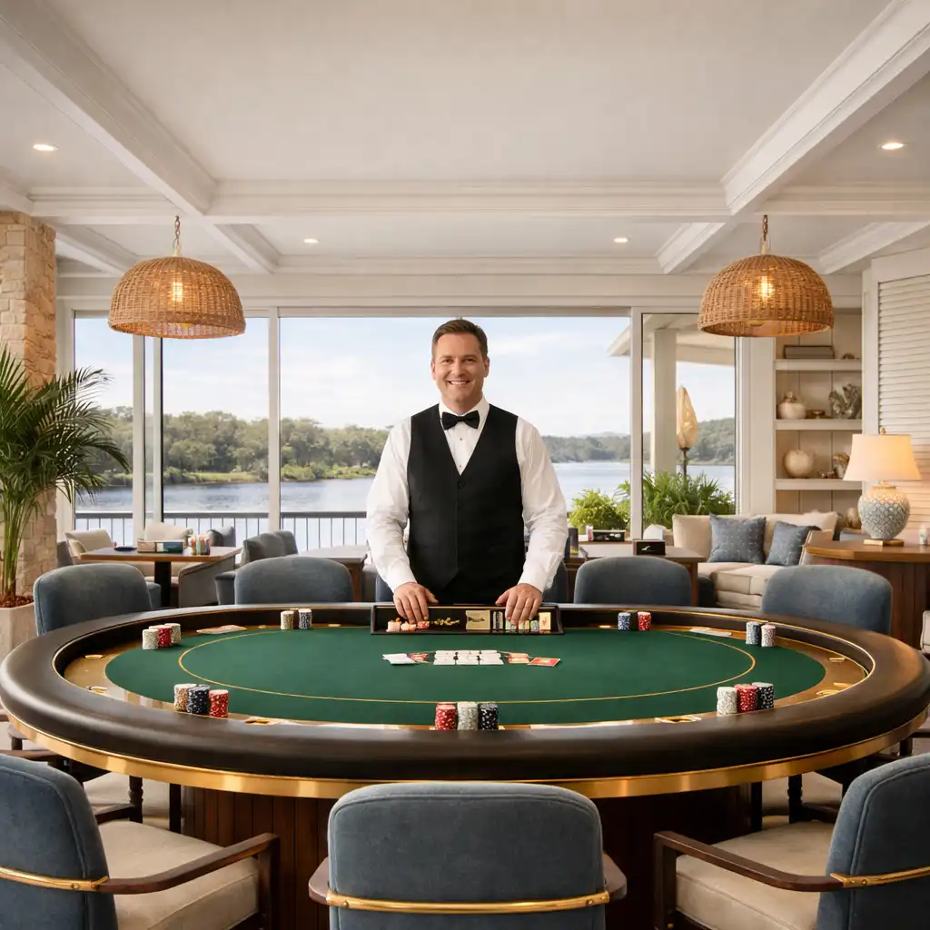 Bright, elegant poker lounge with a custom table, brass accents, and river views