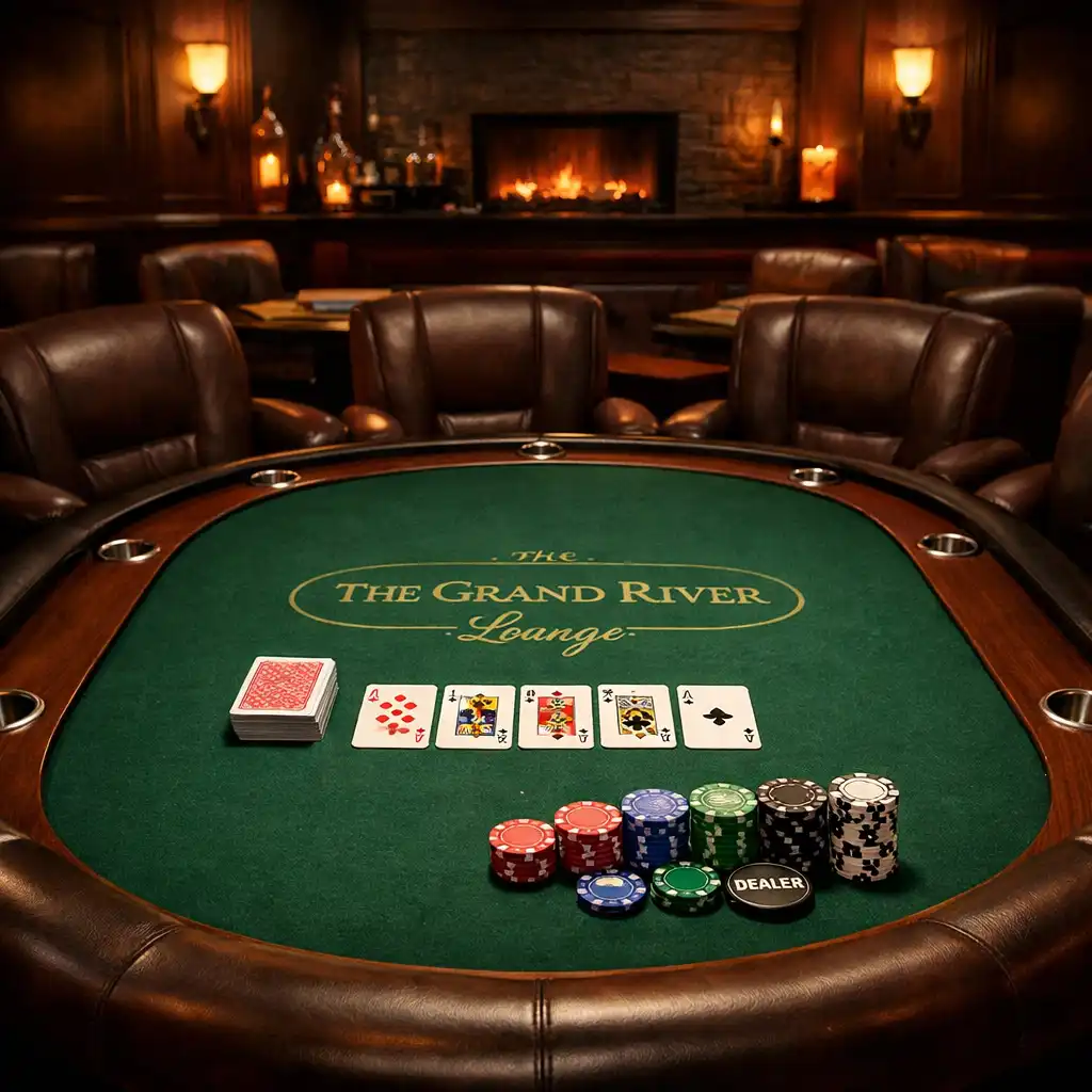 Poker lounge with a custom green felt table, leather chairs, and warm lighting