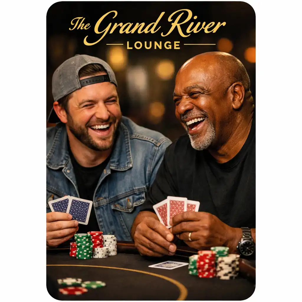 Two players laughing together during a relaxed social poker game