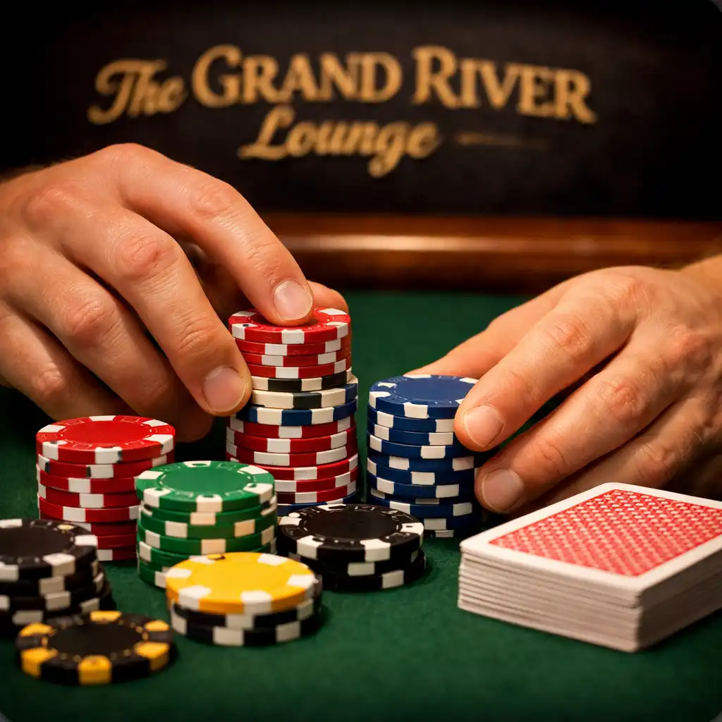 Close-up of a player's hands arranging colourful social chips on a poker table