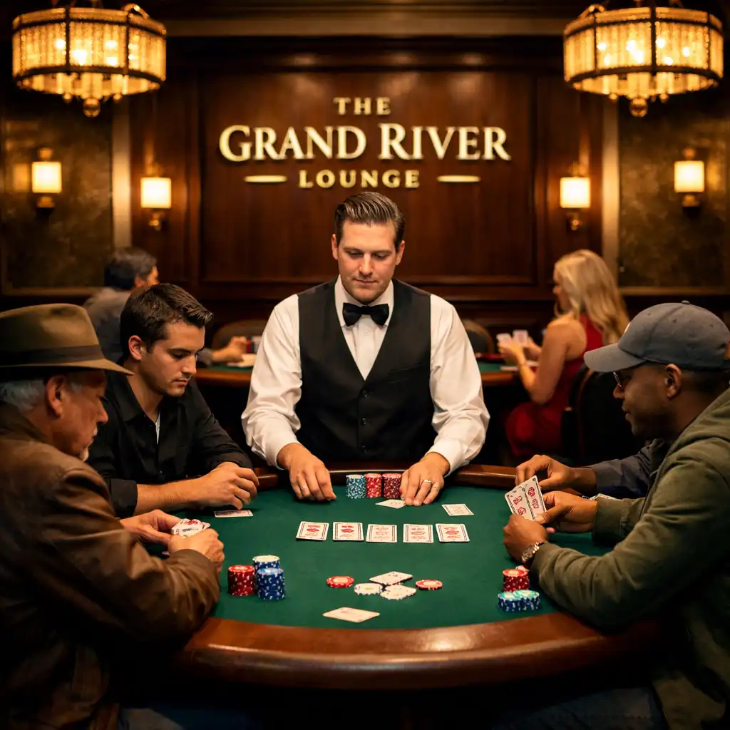 Wide view of a poker table with several engaged players and a standing dealer