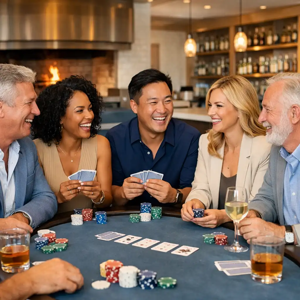 Diverse group of smiling adults enjoying a social poker game in a bright modern lounge