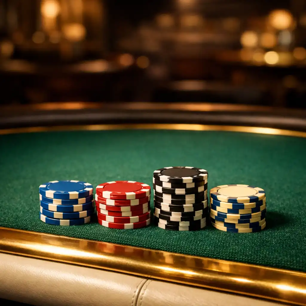 Close-up of premium green felt, brass rail, and neatly stacked social poker chips