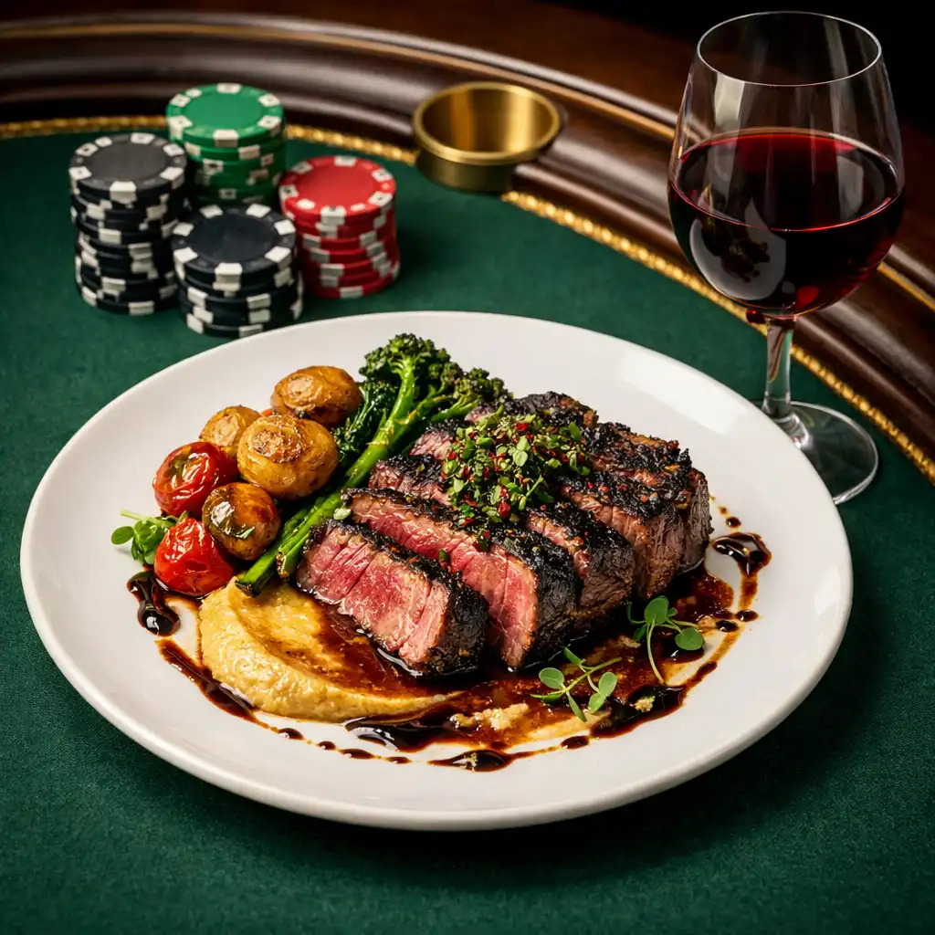Plated wood-fired steak dish on a poker table beside social chips and a glass of red wine