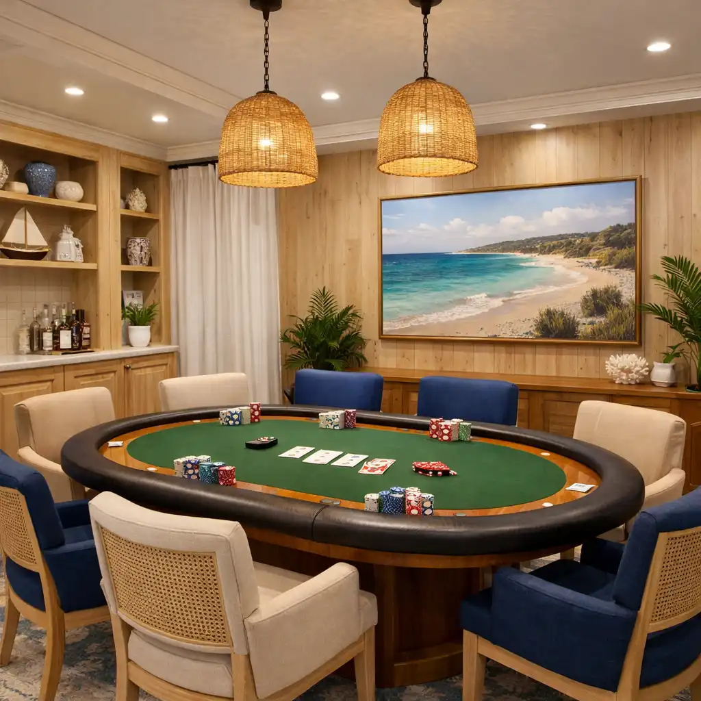 Private event space with a poker table and elegant chairs in a bright, modern room