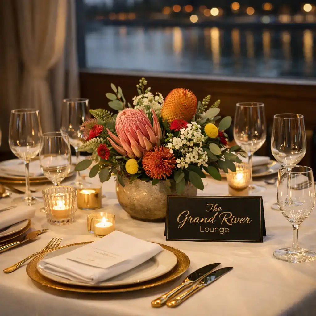 Elegantly set private event table with white linens, gold-rimmed glassware, and native flowers
