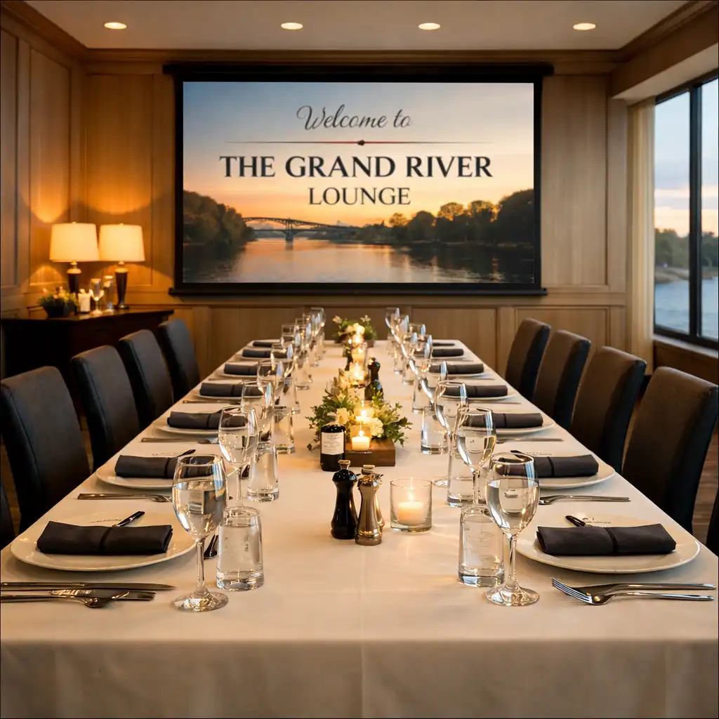 Private event space with a long table, elegant place settings, and a presentation screen