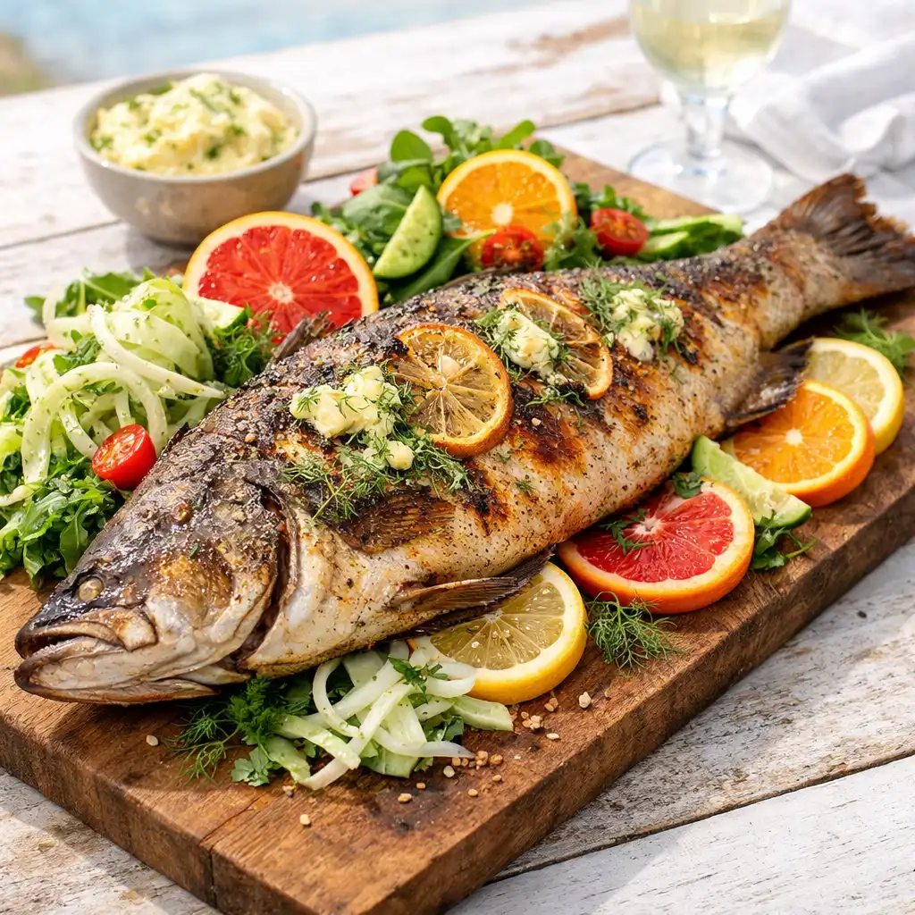 Whole smoked barramundi with lemon myrtle butter, fennel, and citrus salad