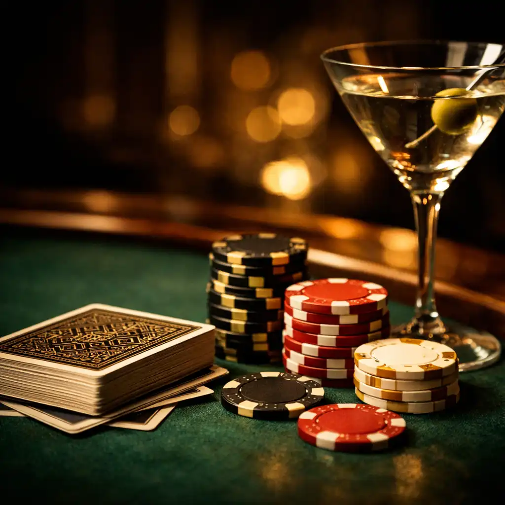 Elegant poker table setting with cards, social chips, and a martini glass