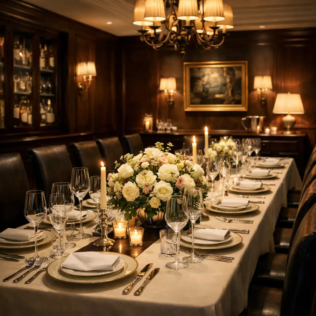 Luxurious private dining room with a long table set for a formal dinner