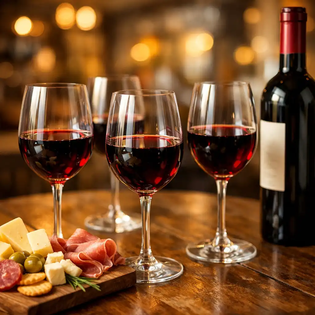 Wine tasting setup with glasses of red wine, a bottle, and a small cheese plate