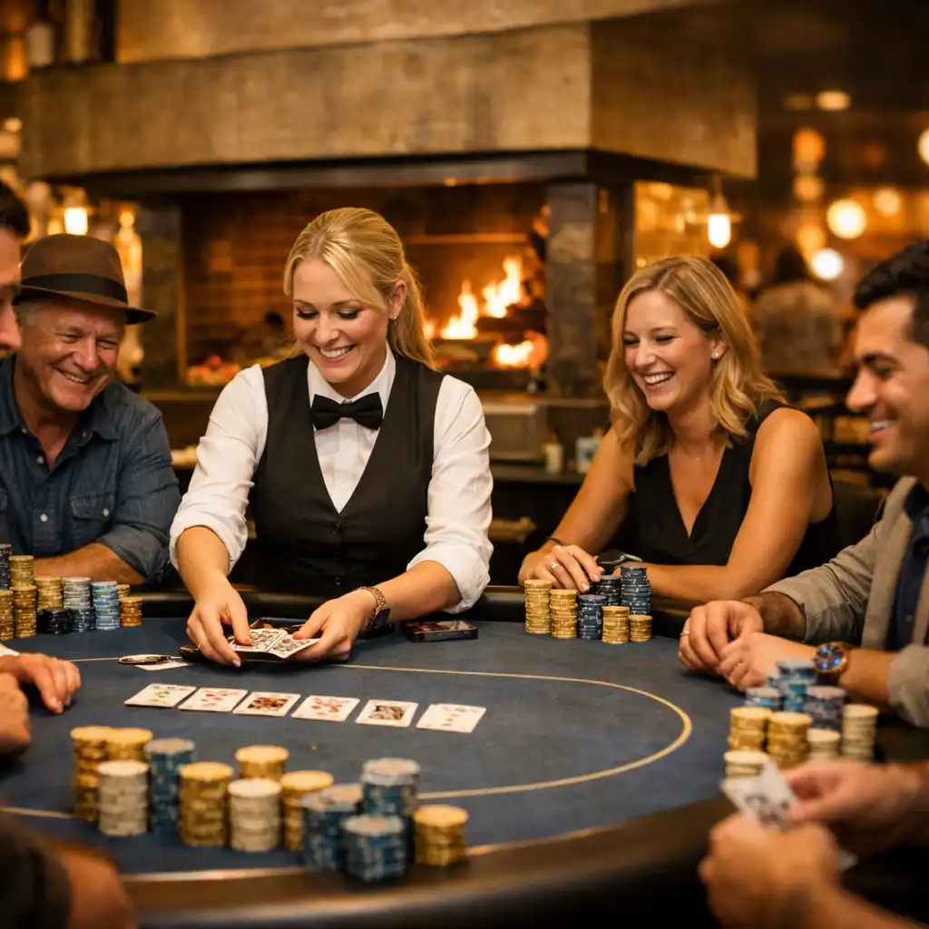Lively weekend poker tournament at The Grand River Lounge with professional dealer and engaged players