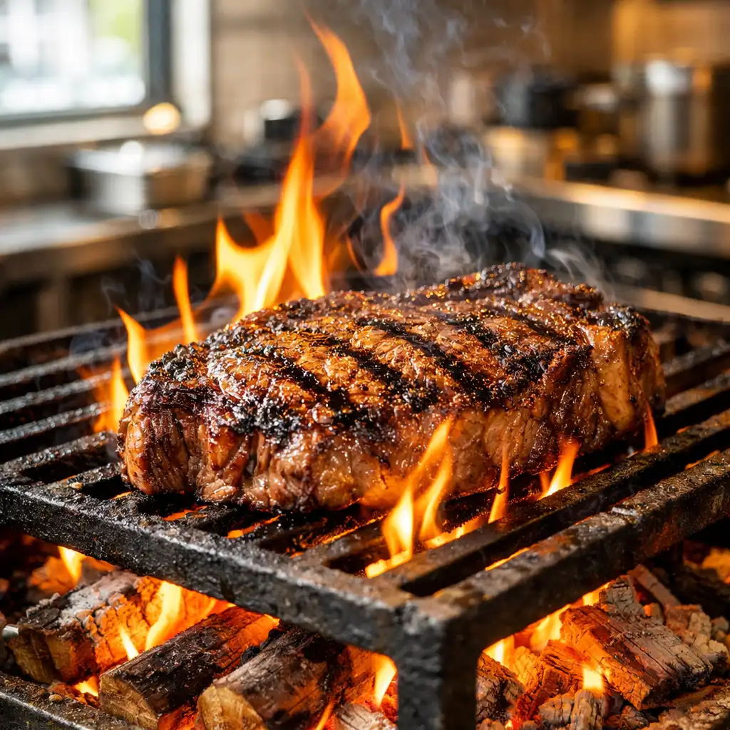 Wood-fired grill with flames searing a thick ribeye steak