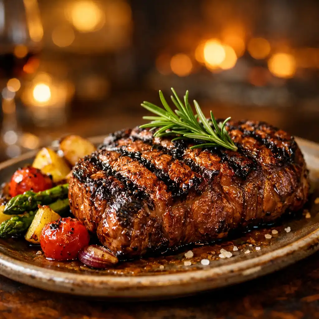Wood-fired grilled steak with char marks on a rustic ceramic plate
